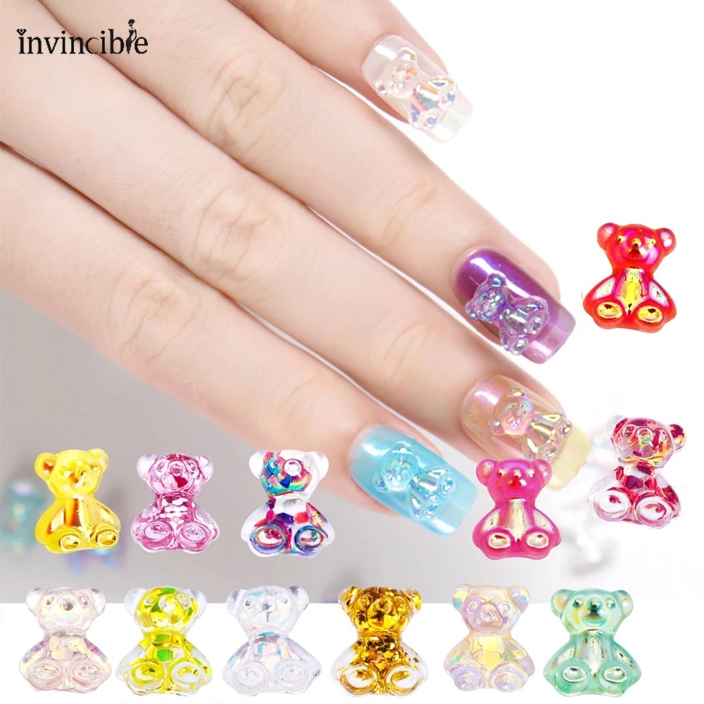 Miếng Dán Trang Trí Móng Tay Hình Gấu Hoạt Hình 3D Bằng Nhựa Resin Trong Suốt