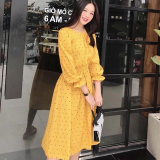 Đầm Nữ Vàng Chấm Bi Chít Eo (Không Kèm Belt)
