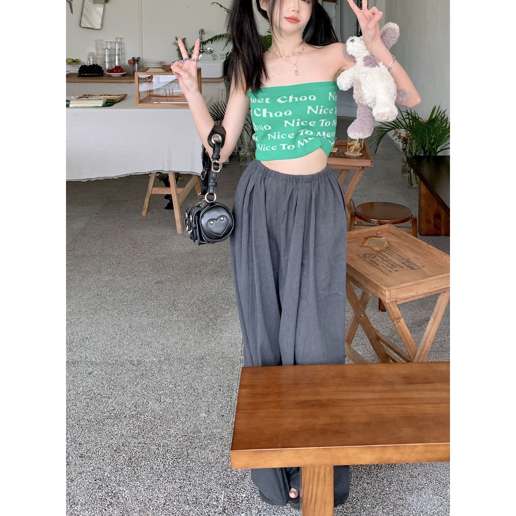 HUANG YOYO Áo croptop 2023 Áo Ống Dệt Kim Không Tay In Chữ Thời Trang Hàn Quốc Quyến Rũ Cho Nữ