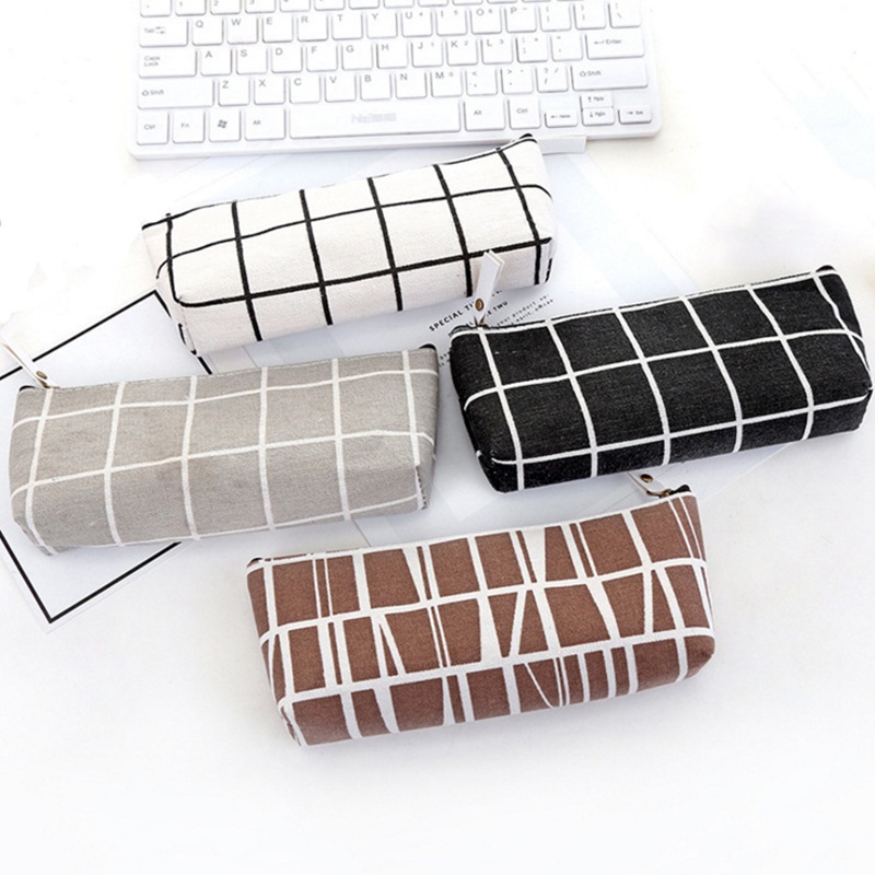 1 Túi Đựng Bút Bằng Vải Bạt Dày Kẻ Sọc Caro Có Khóa Kéo Sức Chứa Lớn Sáng Tạo
