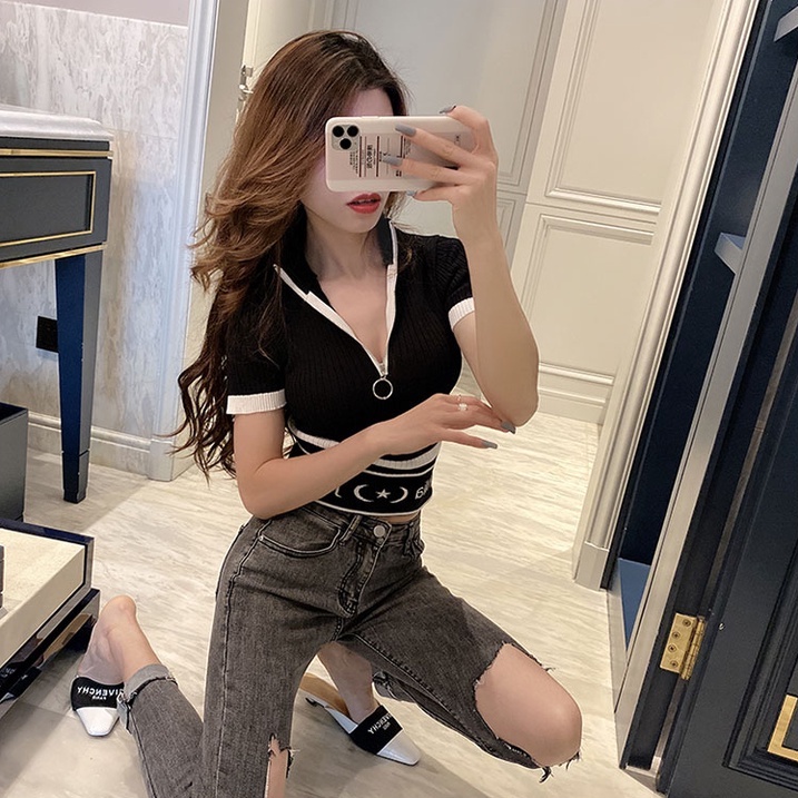 Áo Thun Tay Ngắn Cổ Cao Ôm Dáng Phối Khóa Kéo Thời Trang Mùa Hè Hàn Quốc 2022 Mới Cho Nữ