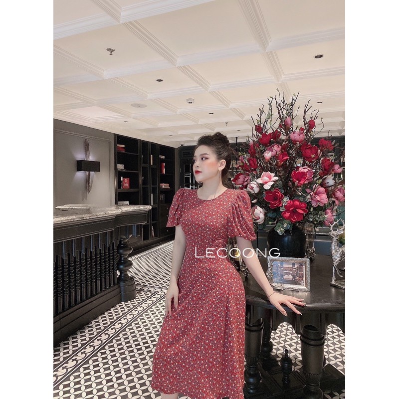 Váy đầm hoa nhí thiết kế thanh lịch đuôi cá kết hợp tay bồng dài qua gối hai màu đỏ/be_LeCoong V92 | BigBuy360 - bigbuy360.vn