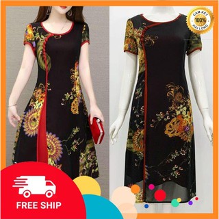 Đầm dự tiệc trung niên - Đầm suông cổ tàu in hoa xẻ tà rực rỡ