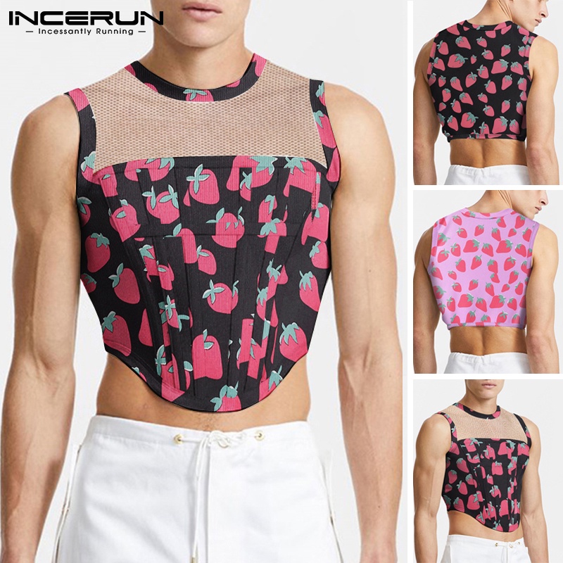 Áo ba lỗ INCERUN vải lưới xuyên thấu in họa tiết dâu tây thời trang cho nam