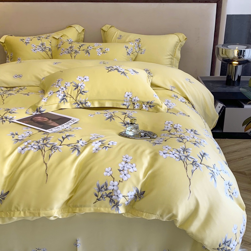 Bộ chăn ga gối 4 món cao cấp 100%Tencel 60s Họa tiết Hoa mai vàng in Kỹ thuật số, chất liệu tự nhiên siêu mát mịn.