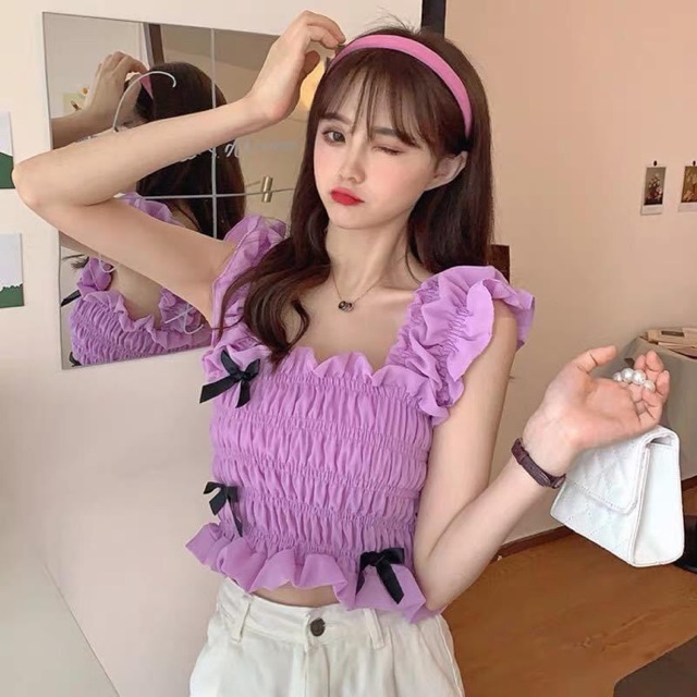 ÁO CROPTOP CỔ VUÔNG NHÚN NƠ 2 DÂY TIỂU THƯ CỰC XINH XẺO 🥰 - A1850