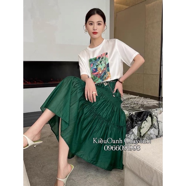 Chân váy lụa tầng dáng xoè dài midi kèm đai siêu xinh