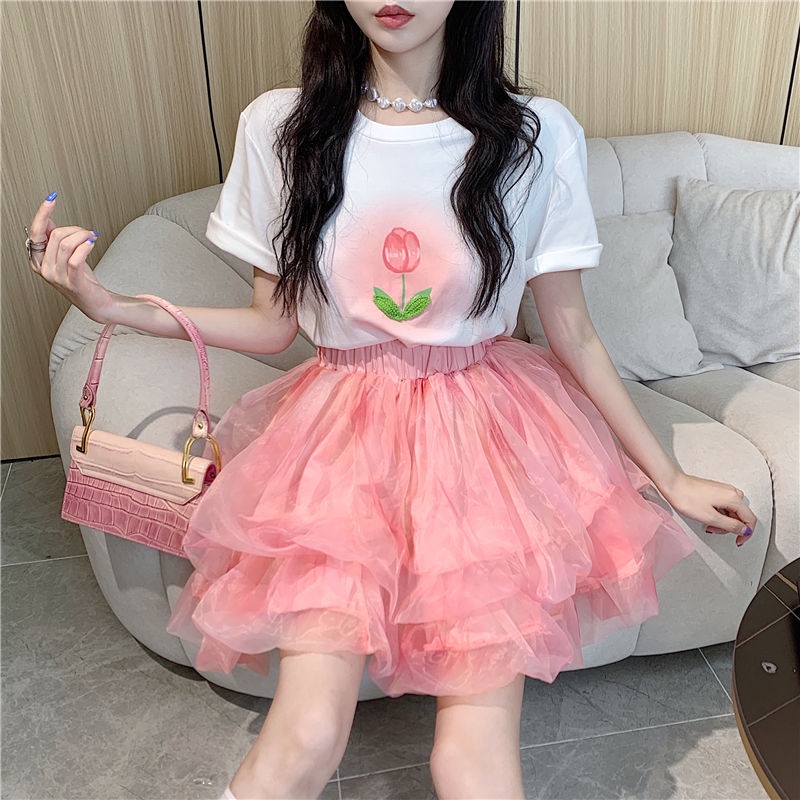 Jiashucheng Set Áo Thun Ngắn Tay In Họa Tiết + Chân Váy Lưới Eo Cao Thời Trang Mùa Hè Cho Nữ