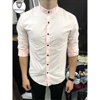 Áo Sơ Mi Cổ Tàu Hàn Quốc Màu Hồng Nhạt