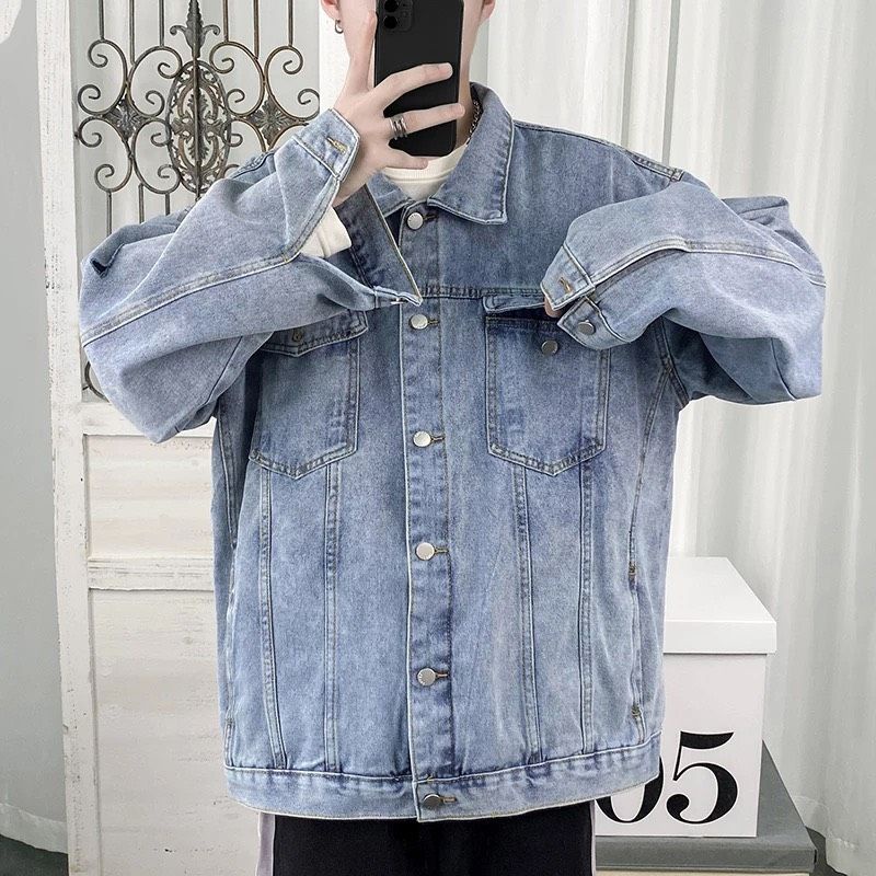 Áo Khoác Jeans Nam Nữ Denim Jacket hàn quốc trơn rách tay màu xanh