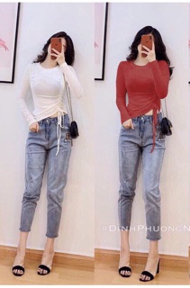 Tuyệt Áo thun trơn rút dây eo chuẩn