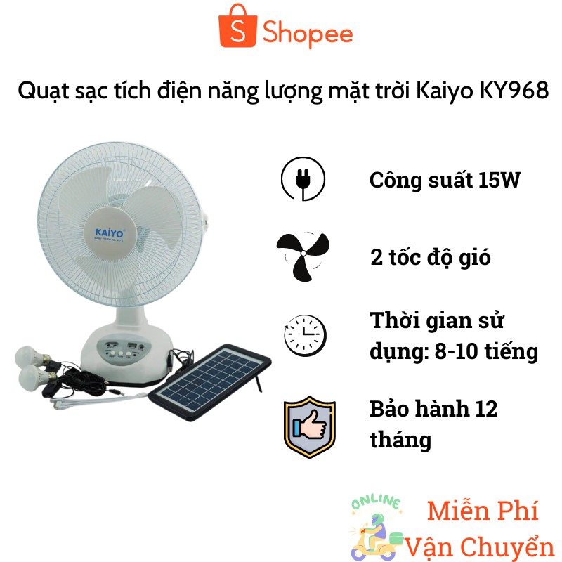 QUẠT SẠC TÍCH ĐIỆN KAIYO TẶNG USB, BÓNG ĐÈN VÀ PIN SẠC NĂNG LƯỢNG MẶT TRỜI