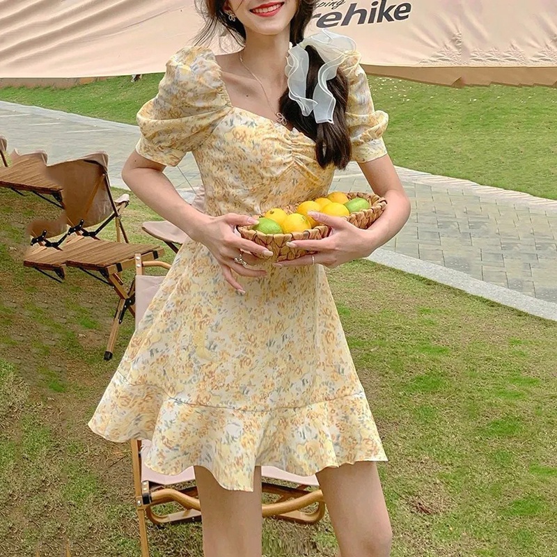 Đầm IELGY chữ A tay ngắn in họa tiết hoa dành cho nữ