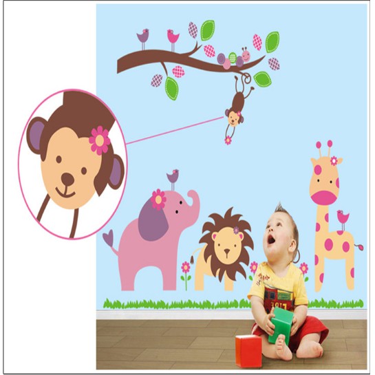 Decal Dán Tường Vườn thú voi hồng ( Kèm Video thật )