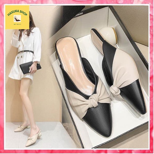 Dép nữ, sục da kết nơ đế cao độc đáo hai màu Đen Be cao cấp