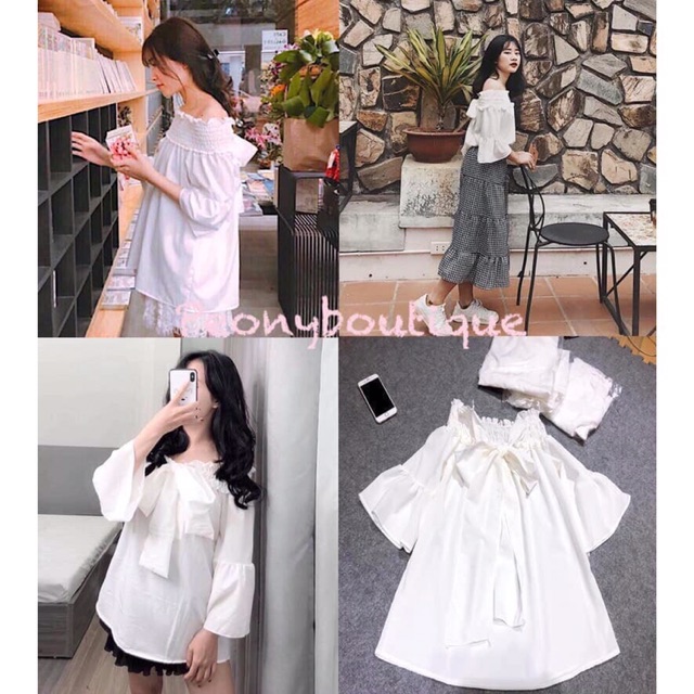 [Mã FAMAYWA giảm 10K đơn 50K] Áo kiểu nhúng nơ ngực mặt được hai kiểu màu trắng | BigBuy360 - bigbuy360.vn