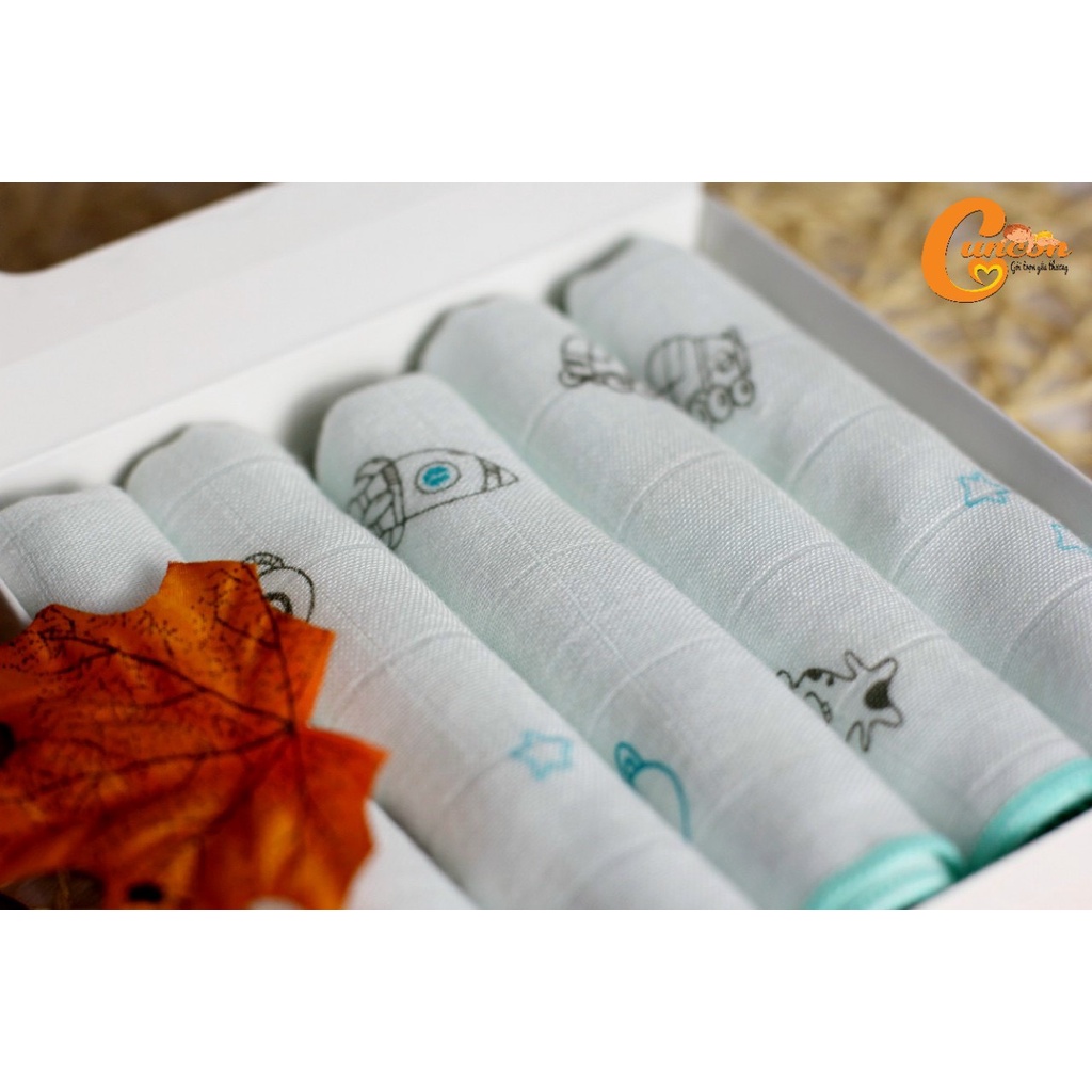 Hộp 5 khăn sữa sợi tre in hình 4 lớp kích thước 27 x 27cm hiệu Cún Con - Khăn xô cho bé chất liệu mềm mịn cao cấp