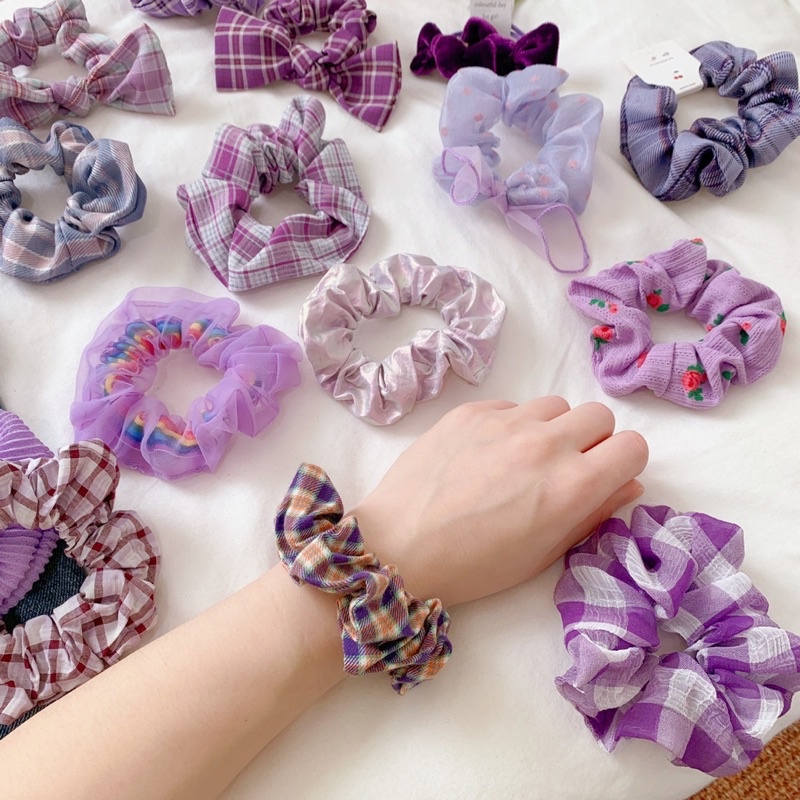 Dây buộc tóc tím caro Scrunchies phong cách hàn quốc cho nữ