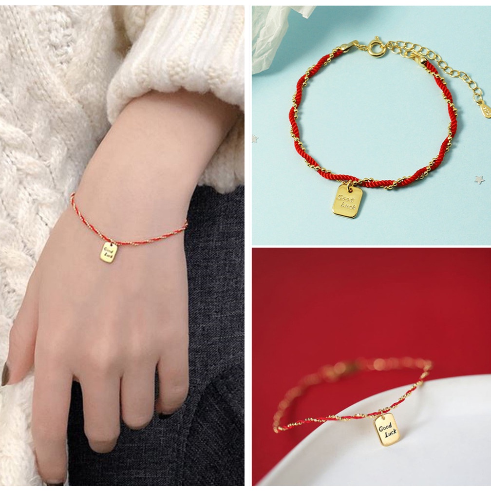 1 Vòng Tay Dây Đỏ May Mắn Mạ Vàng Mặt Hình Vuông Cho Nữ