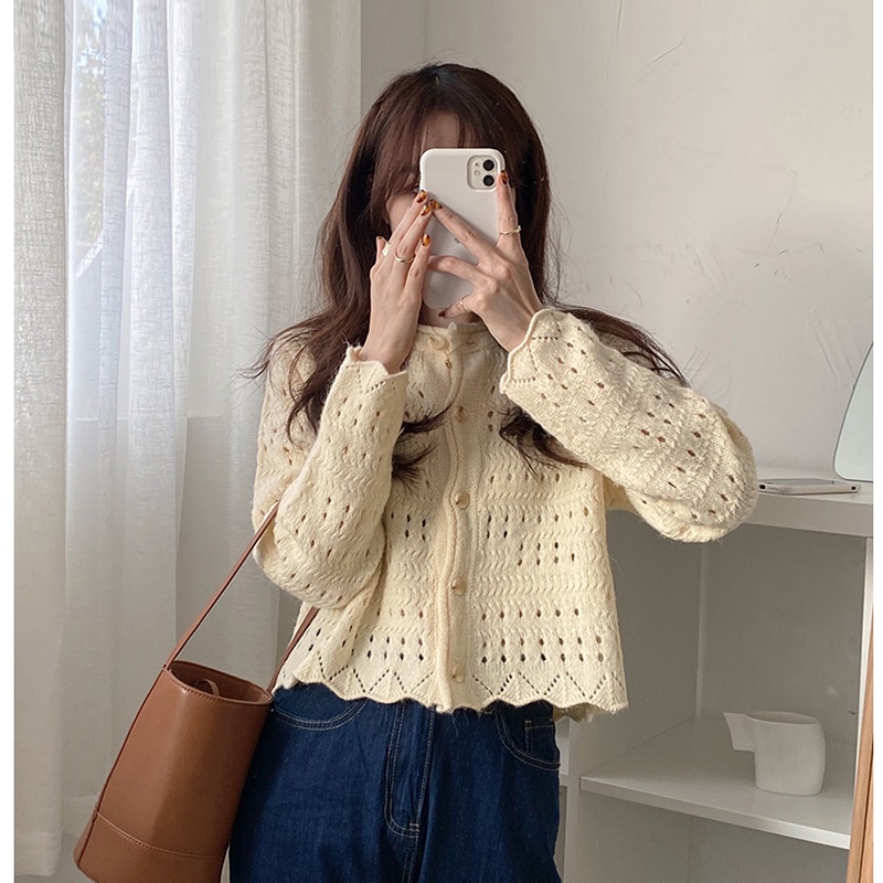 Hàn Quốc nhẹ nhàng gió đan áo len nữ xuân phong cách phương tây mỏng rỗng retro phong cách Hồng Kông ngắn tay dài tay áo