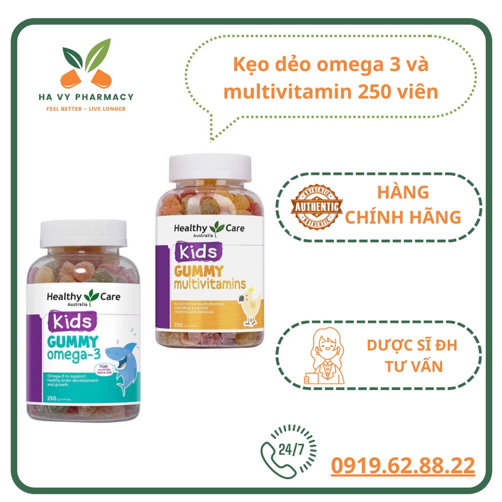 Kẹo dẻo Kids Gummy Multivitamin và Kids Gummy Omega 3 250v chính hãng Healthy Care Úc cung cấp đầy đủ dưỡng chất cho bé