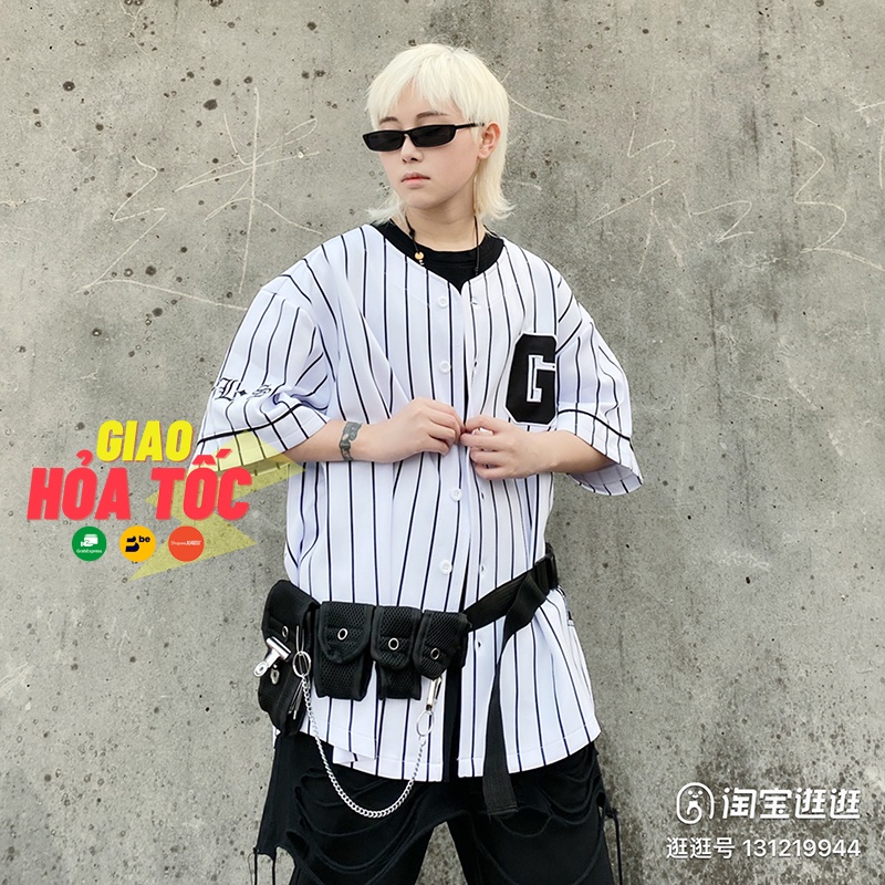 Áo bóng chày nam nữ form rộng phối sọc đen unisex