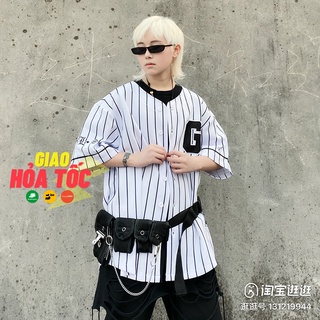 Áo bóng chày nam nữ form rộng phối sọc đen unisex