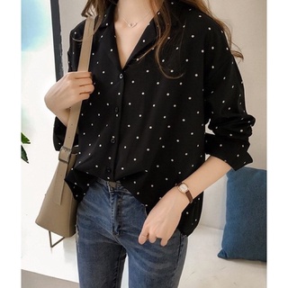 áo sơ mi đen big size tay dài chấm bi trắng size lớn 60-70kg