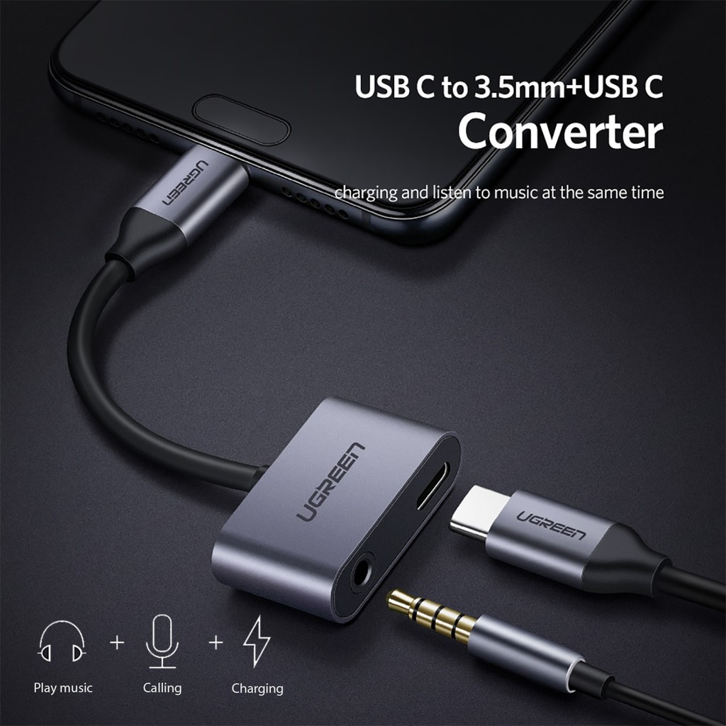 Cáp USB Type C ra Audio 3.5mm &amp; USB C Sạc Cao Cấp UGREEN 50596 - Hàng Chính Hãng