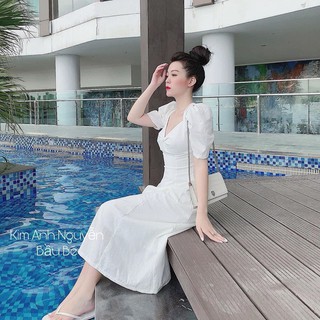 Đầm maxi trắng ngực chéo siêu xinh , váy trắng ngực chéo dáng dài cao cấp