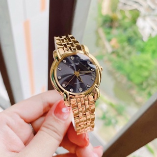 Đồng hồ kim nữ dây thép mạ full gold Citizen EM0712-59E