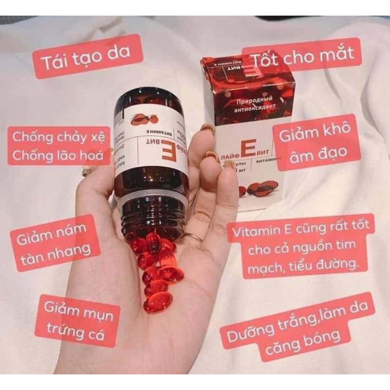 Vitamin E 400mg đỏ Nga chai thủy tinh Lifevit loại tốt nhất thị trường hộp 30 viên