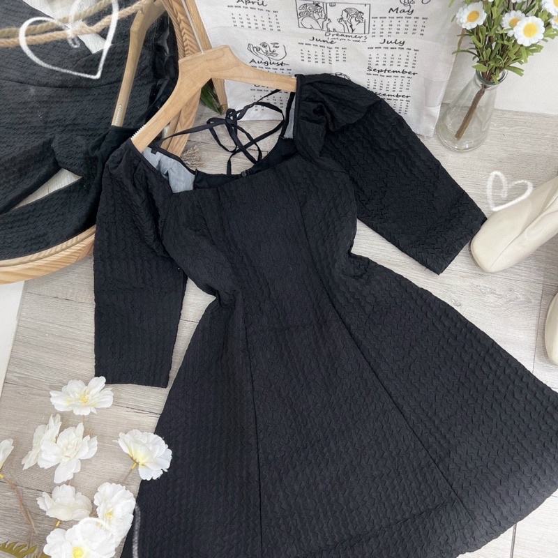 Đầm xốp tay bồng lửng dáng xoè nơ lưng dễ thương [kèm hình thật]