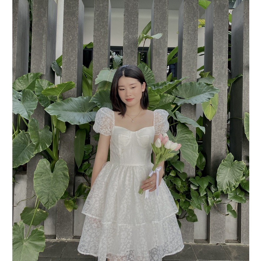 Đầm đi tiệc tay phồng dáng xòe đầm xòe công chúa màu trắng size S M L