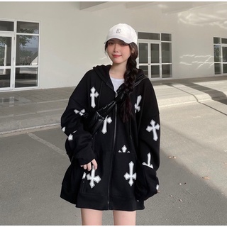 Áo khoác hoodie zip cross dây kéo form rộng nam nữ vải nỉ bông ulzzang