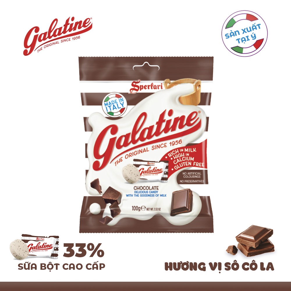 Kẹo sữa vị sô cô la Galatine Ý 100g, 100% sữa từ Châu Âu, giàu Canxi
