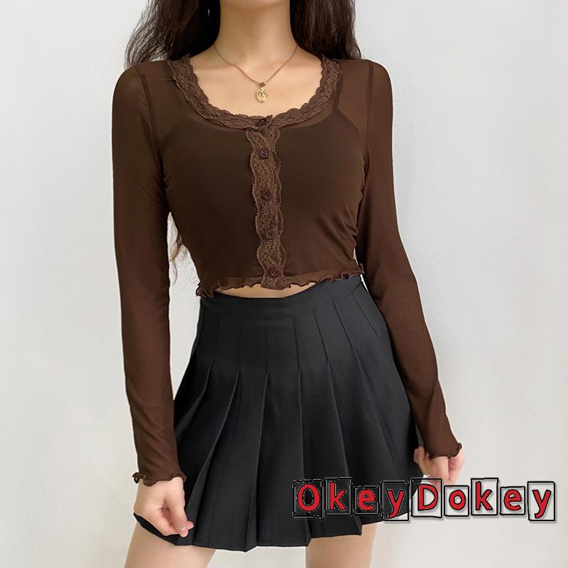 Áo Thun Tay Dài Cổ Tròn Phối Ren Dáng Rộng Xuyên Thấu Thời Trang Dự Tiệc Cho Nữ Y2K