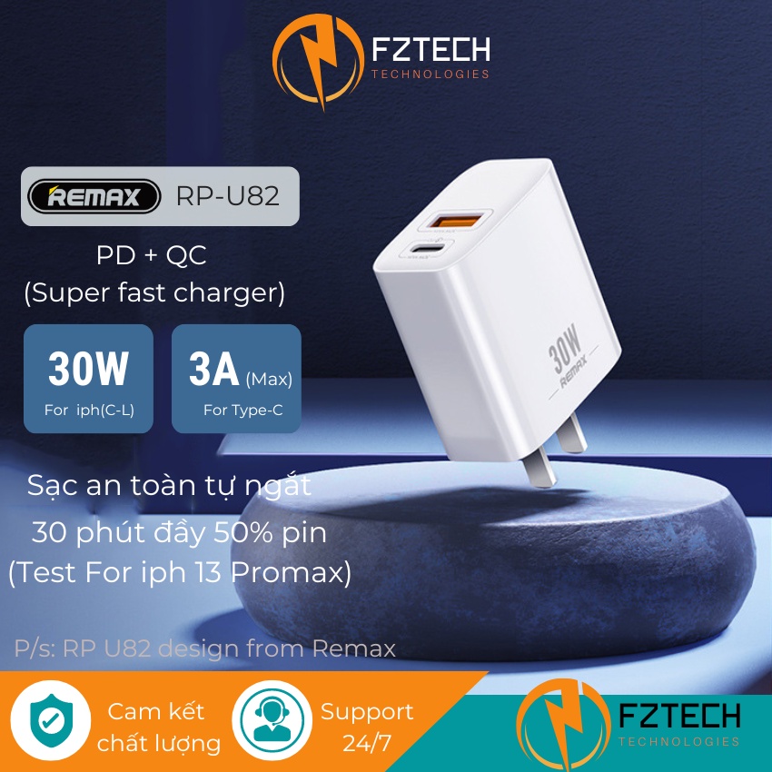 Củ Sạc Nhanh Remax U82 FZTECHVN Củ Sạc Nhanh Chính Hãng 2 Cổng 30W Type-C PD 3.0 và USB QC 3.0 Sạc Cùng Lúc 2 Thiết Bị