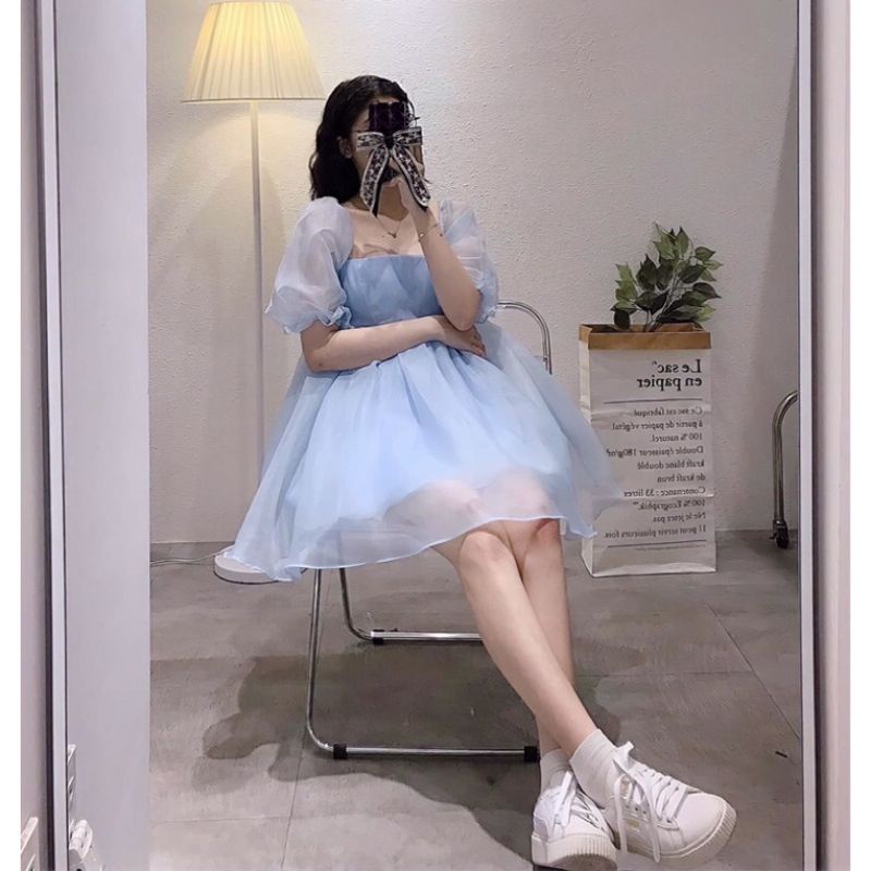 Đầm Xoè Babydoll Tay Phồng Chất Voan Kính