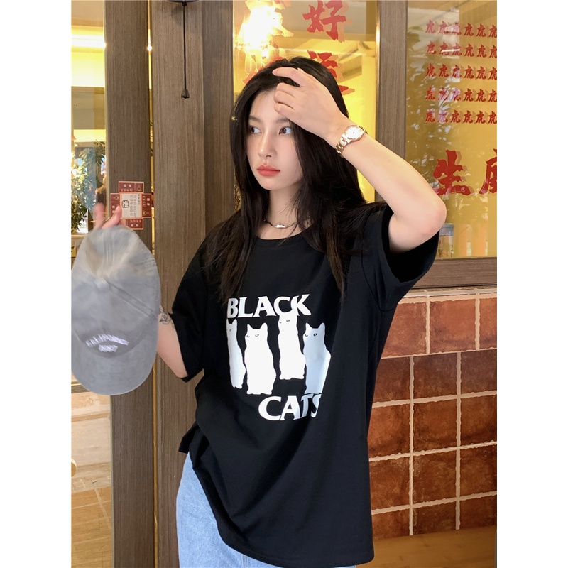 Áo Thun Cotton Trơn Cổ Tròn In Hình Mèo Dễ Phối Đồ 49911