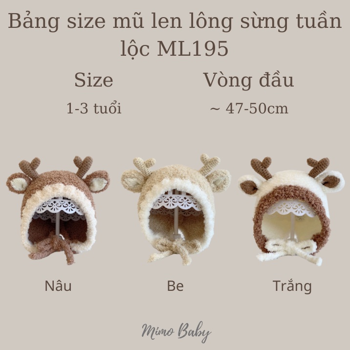Mũ len lông buộc dây đính sừng tuần lộc đáng yêu cho bé ML195 Mimo Baby