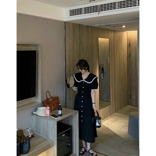đầm đen viền trắng nút bọc 14082