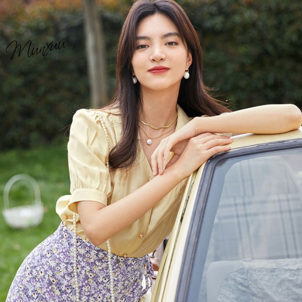 Áo sơ mi nữ kiểu tay ngắn Munxuu dáng basic thời trang công sở, thiết kế dập ly thanh lịch, vải Tơ mềm chống nhăn - SP46