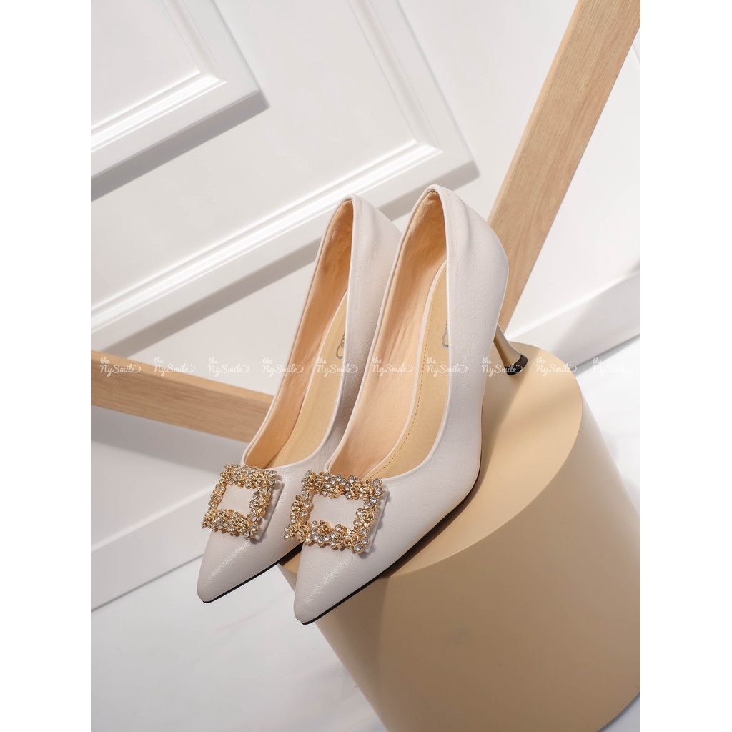 Giày Cao Gót 7cm đá vuông gót nhọn - THENYSMILE- COMAT - Giày cô dâu ( Form giày to lùi size )