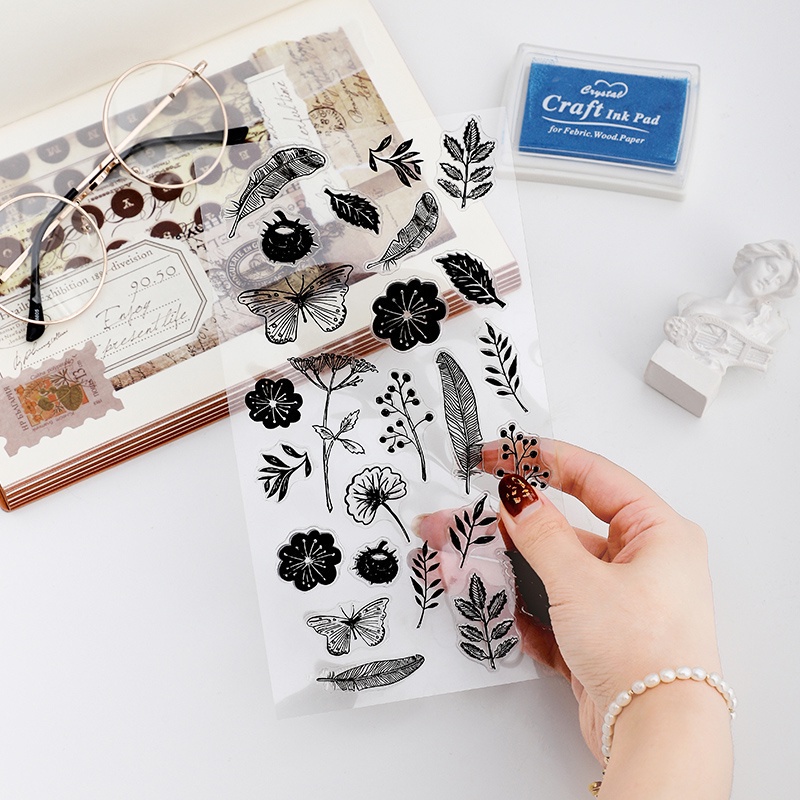 Con dấu in trong suốt thiết kế hoa lá trang trí sổ tay DIY phong cách vintage