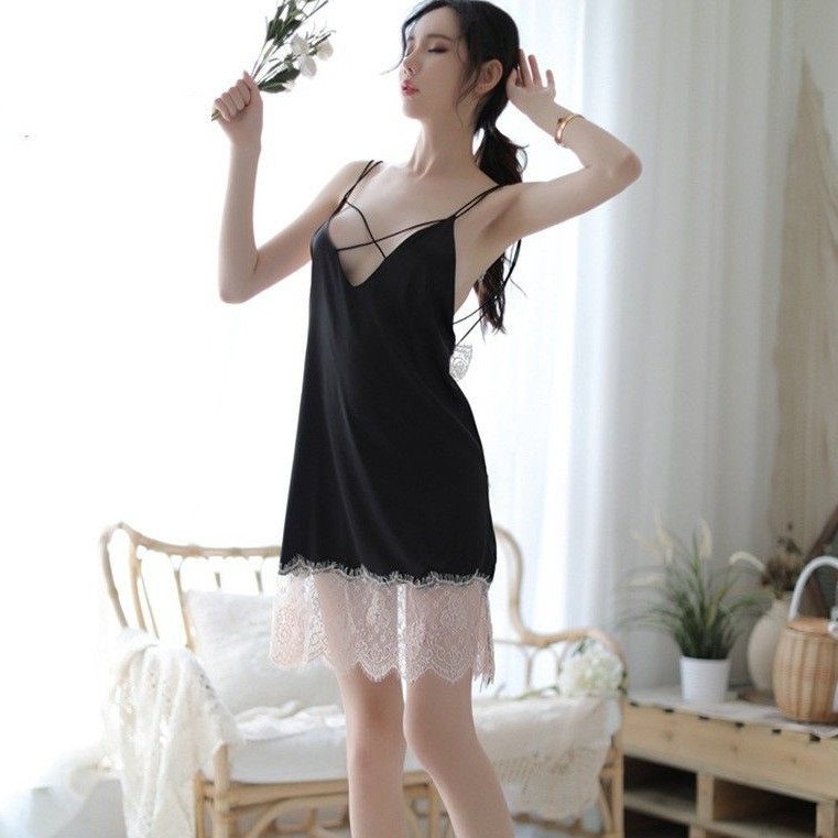 Váy ngủ lụa hai dây phối chân ren 5143 sexy