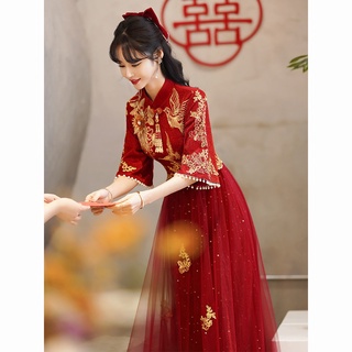 / 2025 Phong Cách Mới Rượu Vang Đỏ Cưới Đính Hôn Váy Trung Quốc Váy Sườn Xám Cao Cấp Xiuhe Đầm Mùa Hè Váy Nướng Cô Dâu
