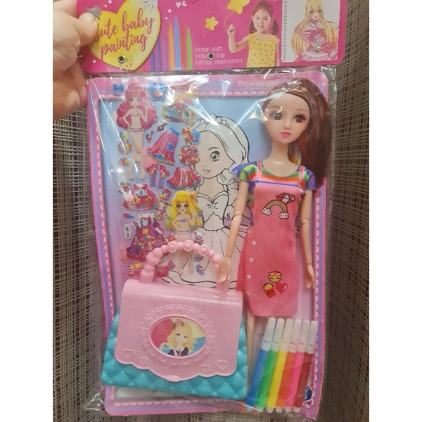 Búp bê có khớp tặng kèm tranh tô màu, viết màu, giỏ xách, vỉ sticker 3D cho bé, size bê 30cm