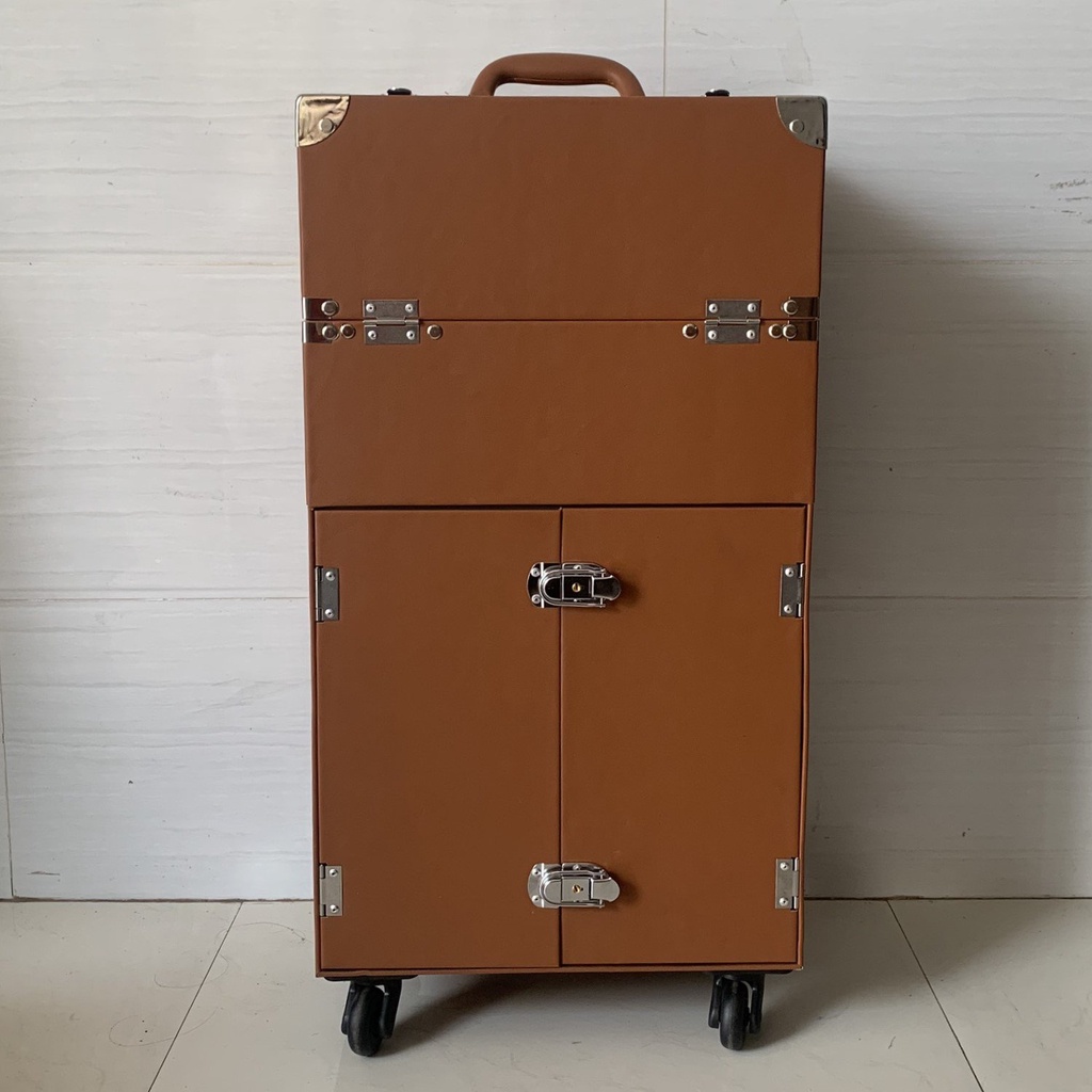 Cốp vali kéo bọc góc bạc & cửa HANA nhiều ngăn đựng mỹ phẩm, dụng cụ trang điểm, make up, phun xăm, nối mi,...36x22x64cm