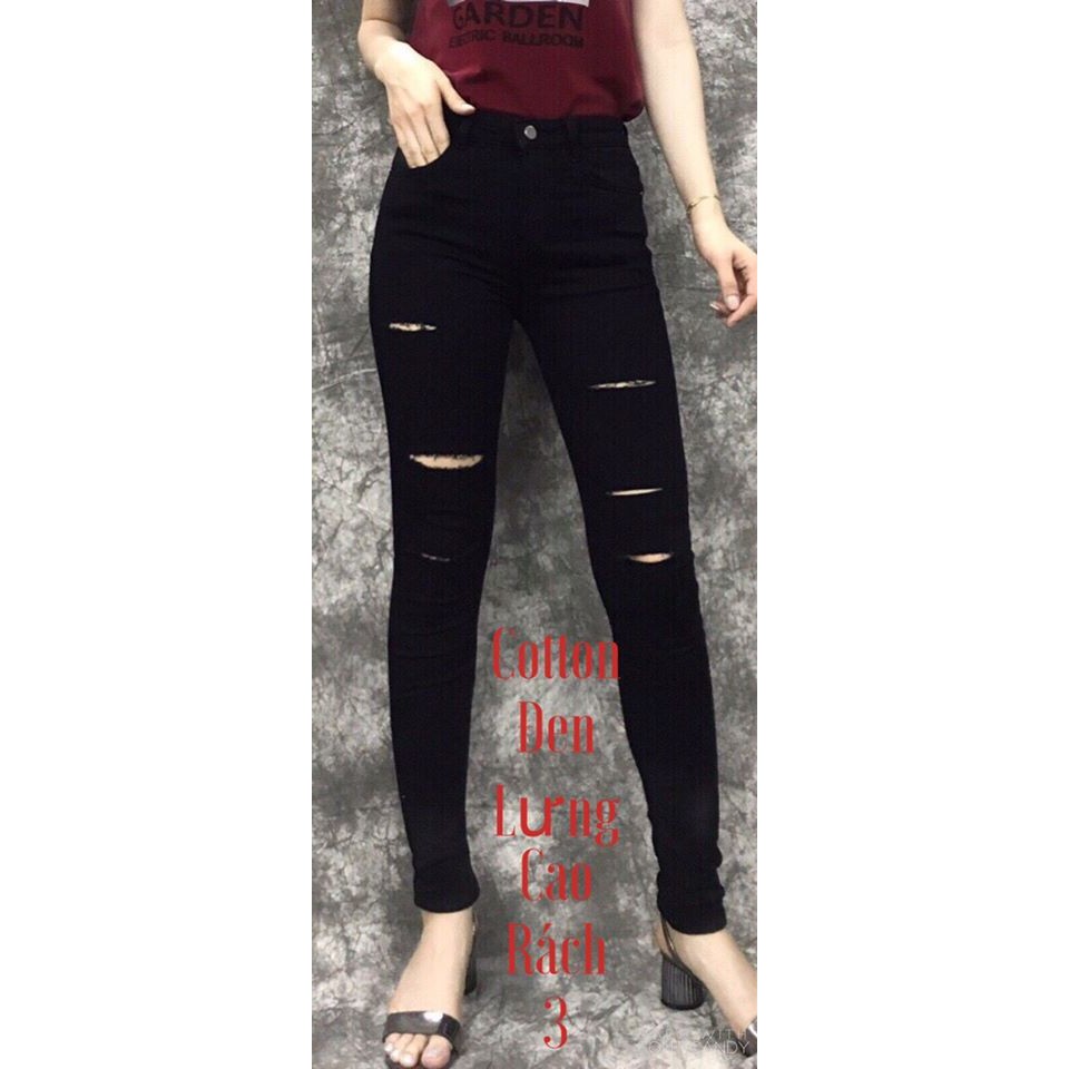 Quần Jean Dài Nữ Rách Nhiều Đường Màu Đen Hàng Co Giãn Lưng Cao